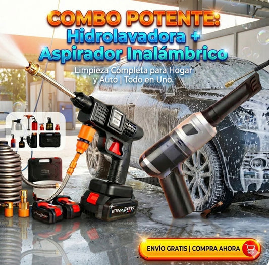 COMBO POWER CLEAN: HIDROLAVADORA + ASPIRADORA PORTÁTIL (DOBLE BATERÍA + MALETÍN