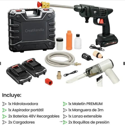 COMBO POWER CLEAN: HIDROLAVADORA + ASPIRADORA PORTÁTIL (DOBLE BATERÍA + MALETÍN
